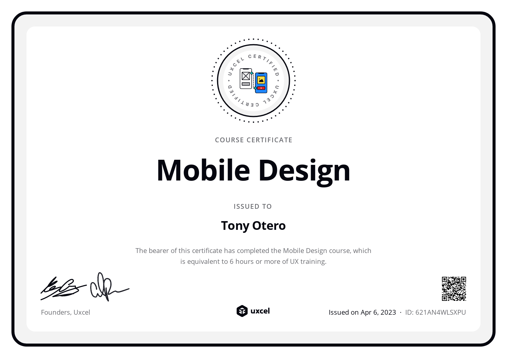 Tony Otero's certificate
